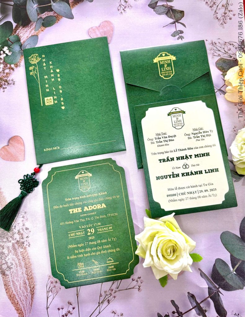 Thiệp Cưới D-802 4 Mẫu thiệp cưới xanh rêu