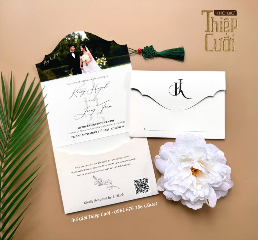 Thiệp Cưới Gập 3 Có Túi Bỏ Tiền Tiện Lợi 